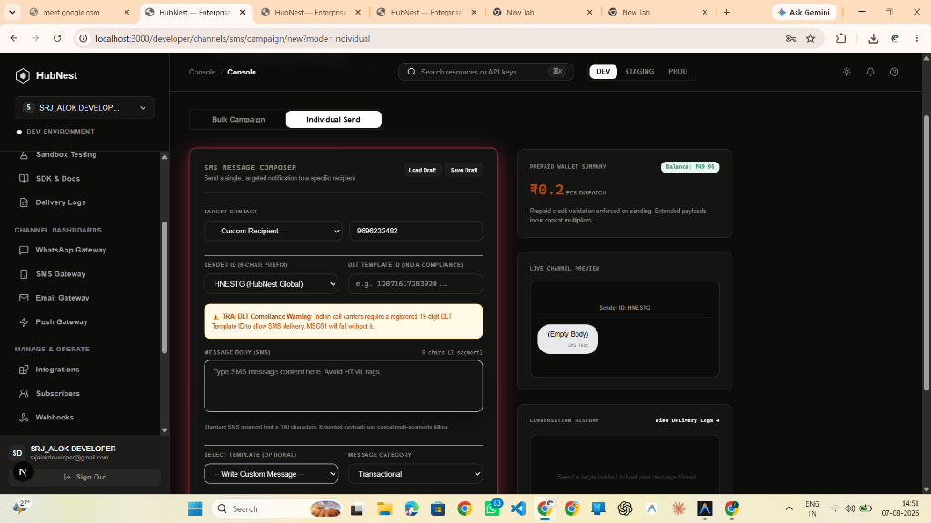 Step 5: Individual SMS Message Composer & DLT Template Binding